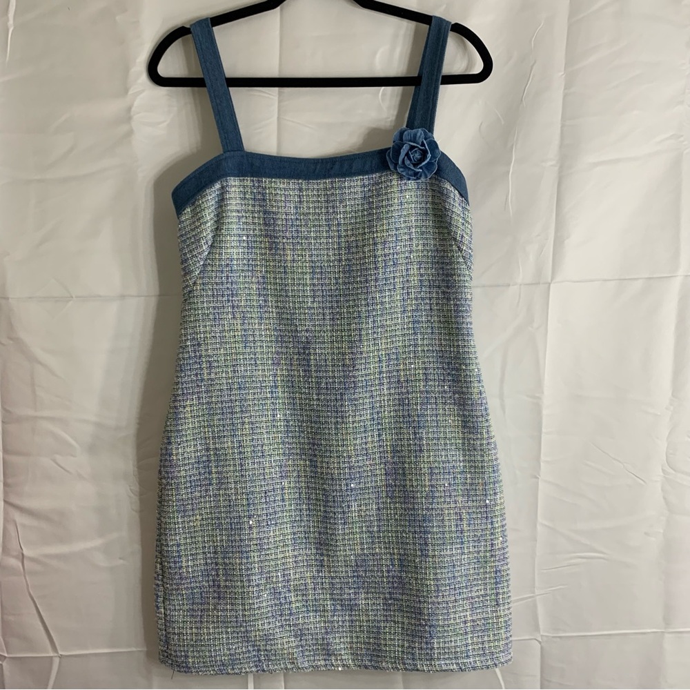 NWT City Vibe Flat Strap Denim and Plaid Wool Blend Short Sheath Dress, size 9 - Picture 14 of 14